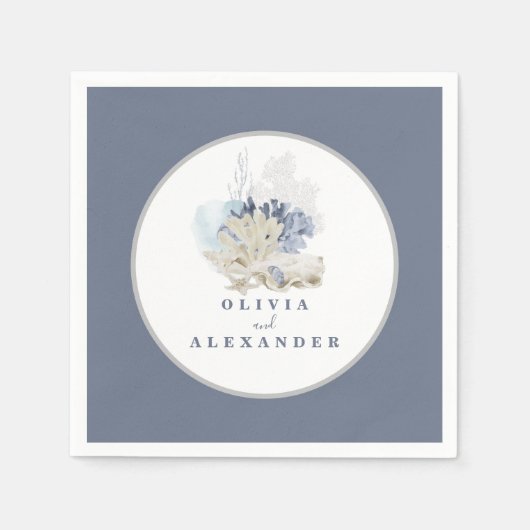 Kuststrand blauwe zeeschelp bruiloft servet (Voorkant)