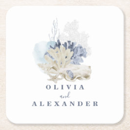 Kuststrand blauwe zeeschelp bruiloft vierkante kartonnen onderzetter