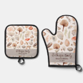 Kuststrand huis aan zee schelpen ovenwant & pannenlap set (Voorkant)