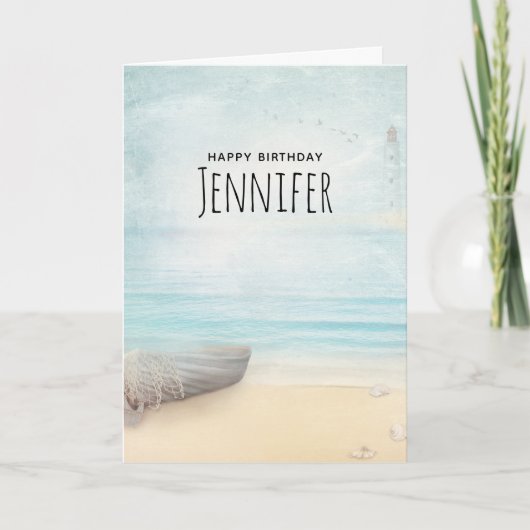 Kuststrand met Boat en vuurtoren Kaart (Voorkant)