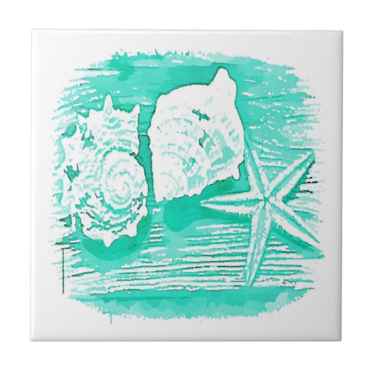 kuststrand waterverf blauwgroen zeeschildpad tegeltje (Voorkant)