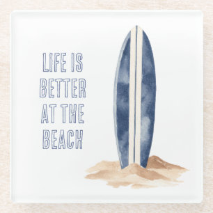 Kuststrand Zand Blauw Wit Surfplank Glazen Onderzetter