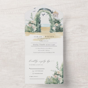 Kuststrand Zee Beach Floral Arch Botanical Wedding All In One Uitnodiging
