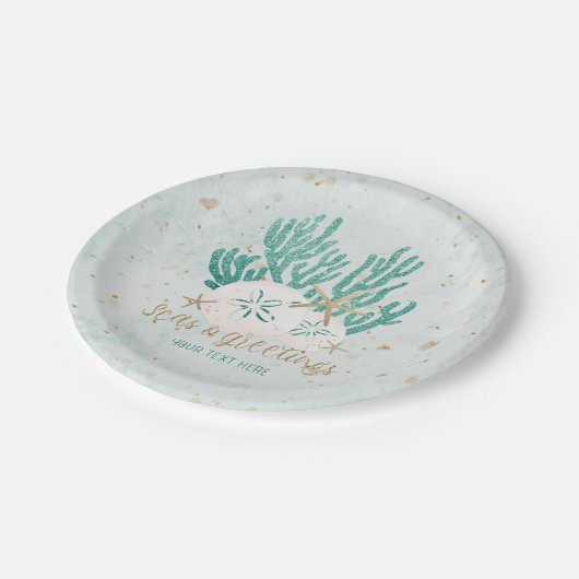 Kuststrand ZEEEN en groeten Turquoise Glitter Papieren Bordje (Gekanteld)