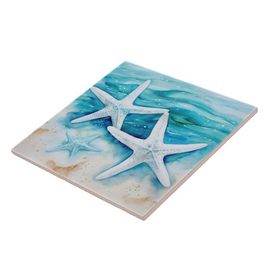 Kuststrand zeesterren Waterverf Tegeltje (Zijkant)