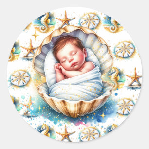Kustthema Beachy Boy's Baby shower Ronde Sticker