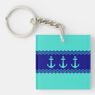 Kustturquoise Blue Stripe Anchor Nautical Sleutelhanger