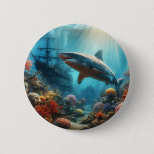 Kustvaart/tijgerhaai & koraalrif ronde button 5,7 cm