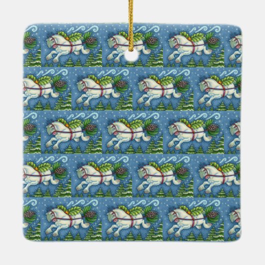 KUSTVLIEGTUIG CHRISTMAS PONY PULLING PINECONE SLEI KERAMISCH ORNAMENT (Achterkant)
