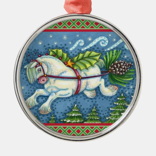 KUSTVLIEGTUIG CHRISTMAS PONY PULLING PINECONE SLEI METALEN ORNAMENT (Voorkant)