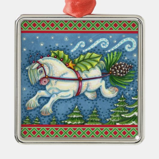 KUSTVLIEGTUIG CHRISTMAS PONY PULLING PINECONE SLEI METALEN ORNAMENT (Voorkant)