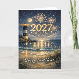 Kustvuurtoren Vuurwerk Gelukkig Nieuwjaar 2027 Feestdagen Kaart