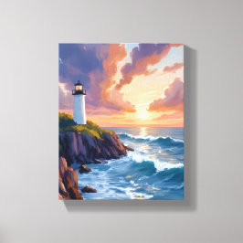 Kustvuurtoren zonsondergang | Beach Ocean Painting Canvas Afdruk