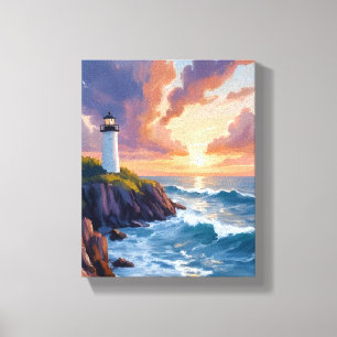 Kustvuurtoren Zonsondergang   Strand Oceaan Schild Canvas Afdruk