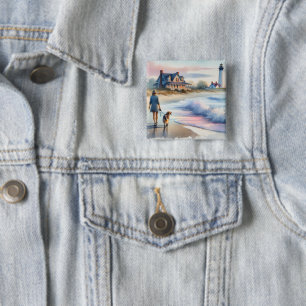 Kustwandeling naar Vuurtoren bij Zonsondergang Vierkante Button 5,1 Cm