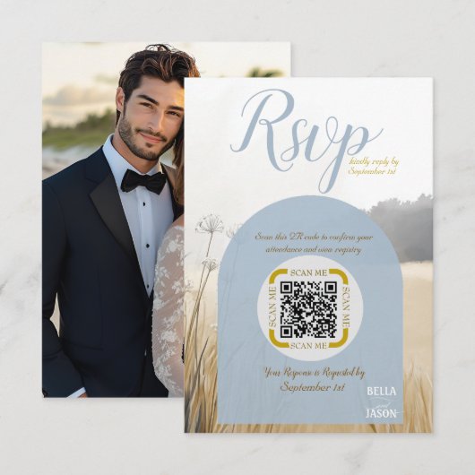Kustweide RSVP QR-code | Elegante Blauwe Boog Kaartje (Voorkant / Achterkant)