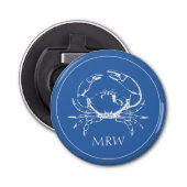 Kustwitte krab op klassiek blauw monogram button flesopener (Voorkant)