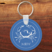 Kustwitte krab op klassiek blauw monogram sleutelhanger (Voorkant)