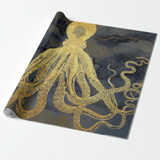 Kustzalige goudzwarte octopus Ink Waterverf Cadeaupapier (Uitgerold)