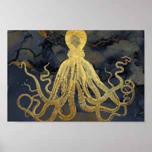Kustzalige  goudzwarte octopus Ink Waterverf Poster