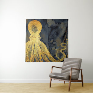 Kustzalige  goudzwarte octopus Ink Waterverf Wandkleed