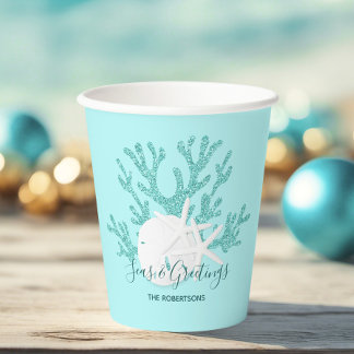 Kustzeeën & Zalige Kerstmis Strand Aqua Blauw Papieren Bekers