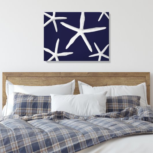 Kustzeester Navy Blauw Wit Tropische Fine Art Canvas Afdruk (Insitu (Slaapkamer))