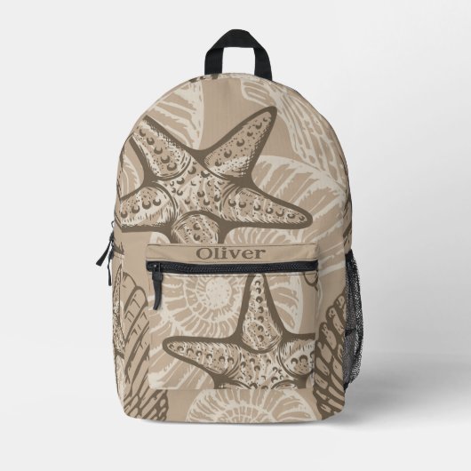 Kustzeesterren en schelpen in beige bedrukte rugzak (Voorkant)