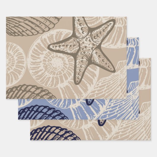 Kustzeesterren en schelpen in beige inpakpapier vel (Set)