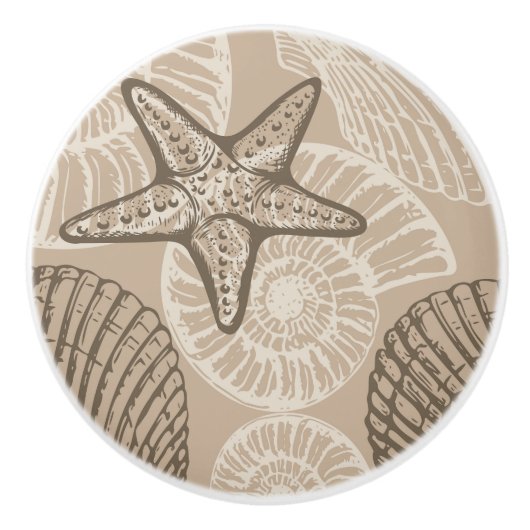 Kustzeesterren en schelpen in beige keramische knop (Voorkant)