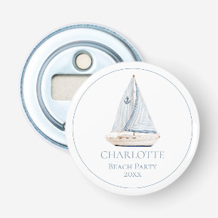 Kustzeilboot Met Blauwe Streep Zeil Personaliseer Button Flesopener
