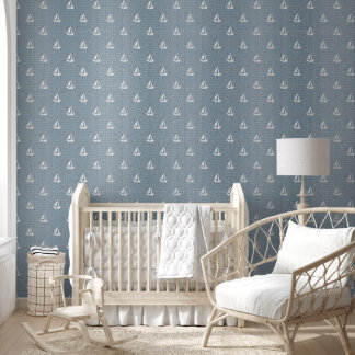 Kustzeilboten op preppy blauwe strepen behang