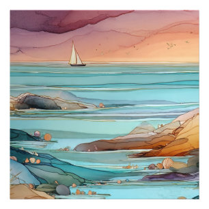 Kustzonsondergang Sereniteit – Aquarel Oceaan Zeeg Foto Afdruk