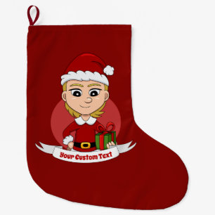 Kut kerstmeisje met kort blond haar grote kerstsok