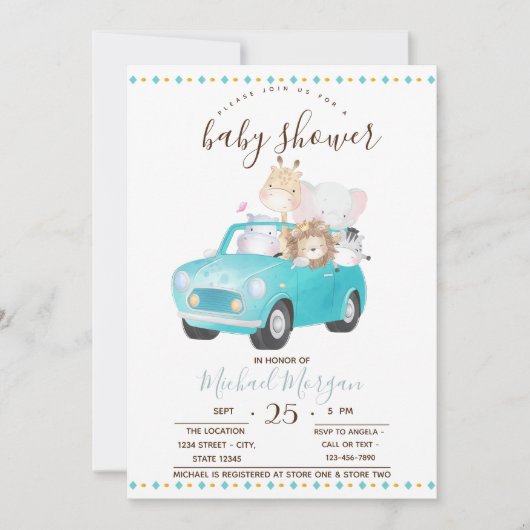 Kute Baby Animals Car, Zigzag Baby shower Kaart (Voorkant)