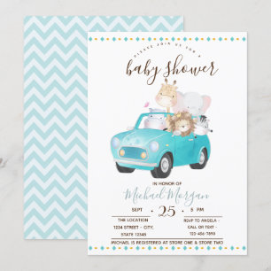 Kute Baby Animals Car, Zigzag Baby shower Kaart