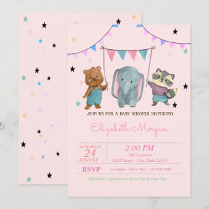 Kute Baby Animals, Stars Baby shower Kaart