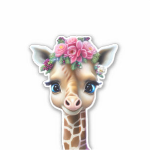 Kute Baby Giraffe met bloemen en Holly Sticker
