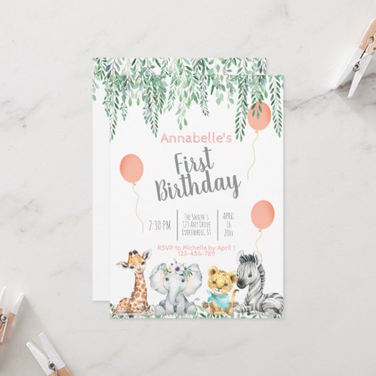 Kute Baby Oerwouden Greenery First Birthday Kaart (Voorkant / Achterkant in situ)