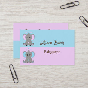 Kute baby-olifant in roze en blauw - babysitter visitekaartje