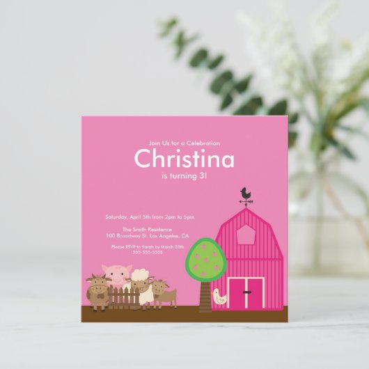 Kute Barn Yard Farm Animals Birthday Party nodigt Kaart (Staand voorkant)