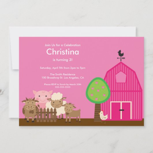 Kute Barn Yard Farm Animals Birthday Party nodigt Kaart (Voorkant)