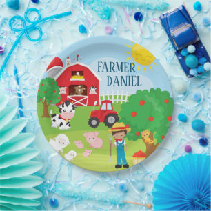 Kute Barnyard Animals, Farmer, Tractor Birthday Papieren Bordje