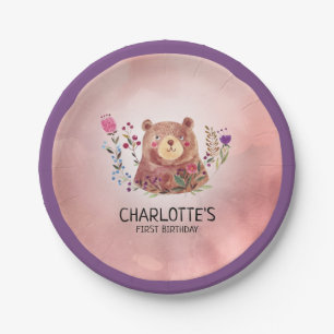 Kute Beer en Flowers Child's Birthday Papieren Bordje