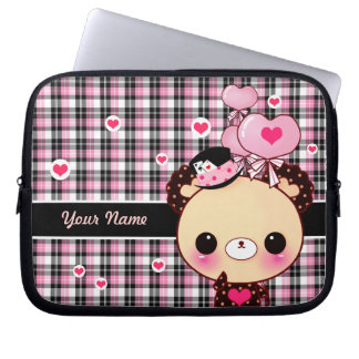 Kute beer met ballonnen op zwart en roze pleister laptop sleeve