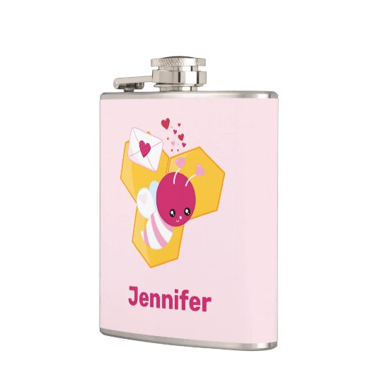 Kute bij met roze Valentijn harten Heupfles (Links)