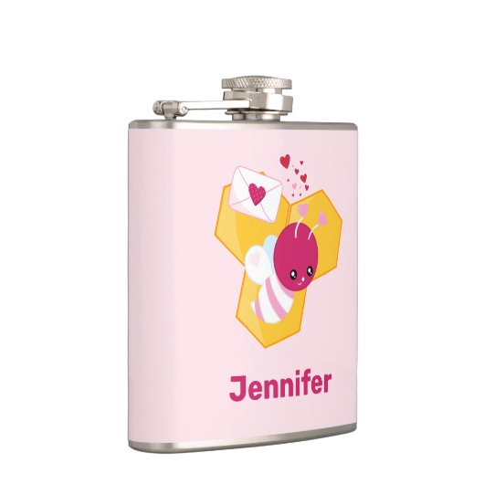 Kute bij met roze Valentijn harten Heupfles (Rechts)