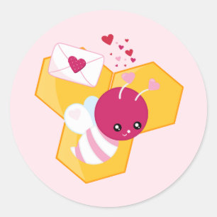 Kute bij met roze Valentijn harten Ronde Sticker