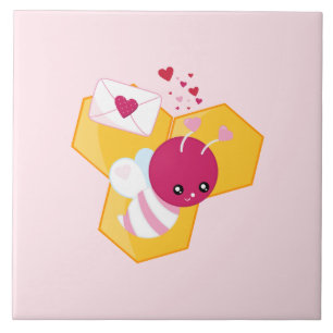 Kute bij met roze Valentijn harten Tegeltje