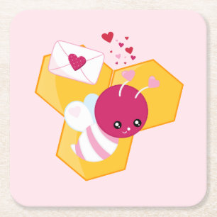 Kute bij met roze Valentijn harten Vierkante Kartonnen Onderzetter